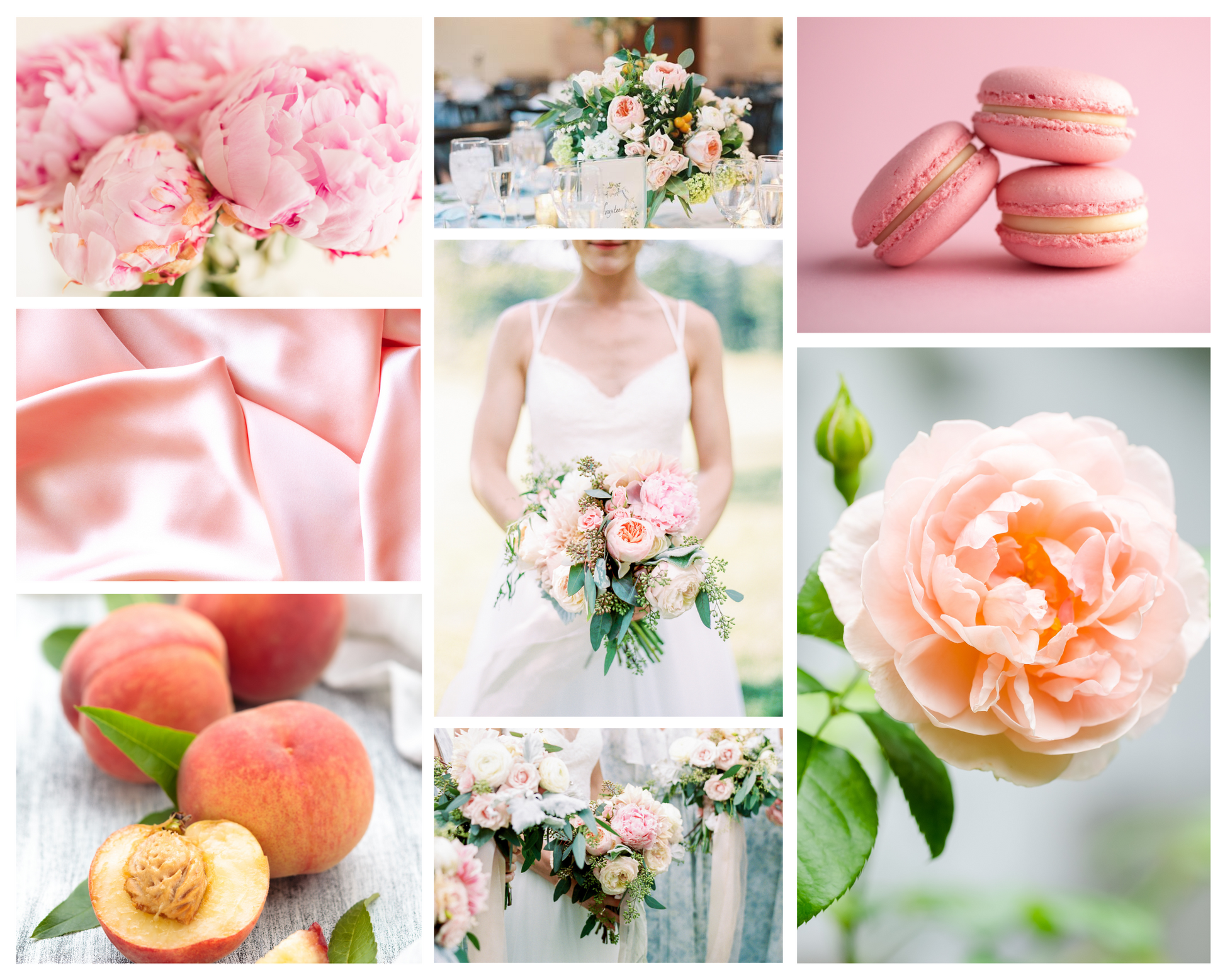 Blossom Color Palette: pink and peach flowers, pink macarons, four peaches, a peach silk scarf, and a bride holding a bouquet of flowers in this palette