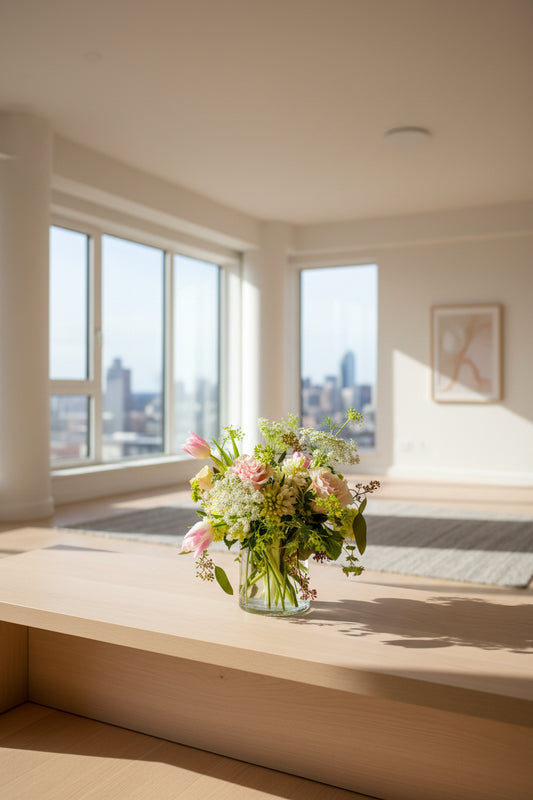 Bouquet of blush and white flowers in a clear vase on a light background
