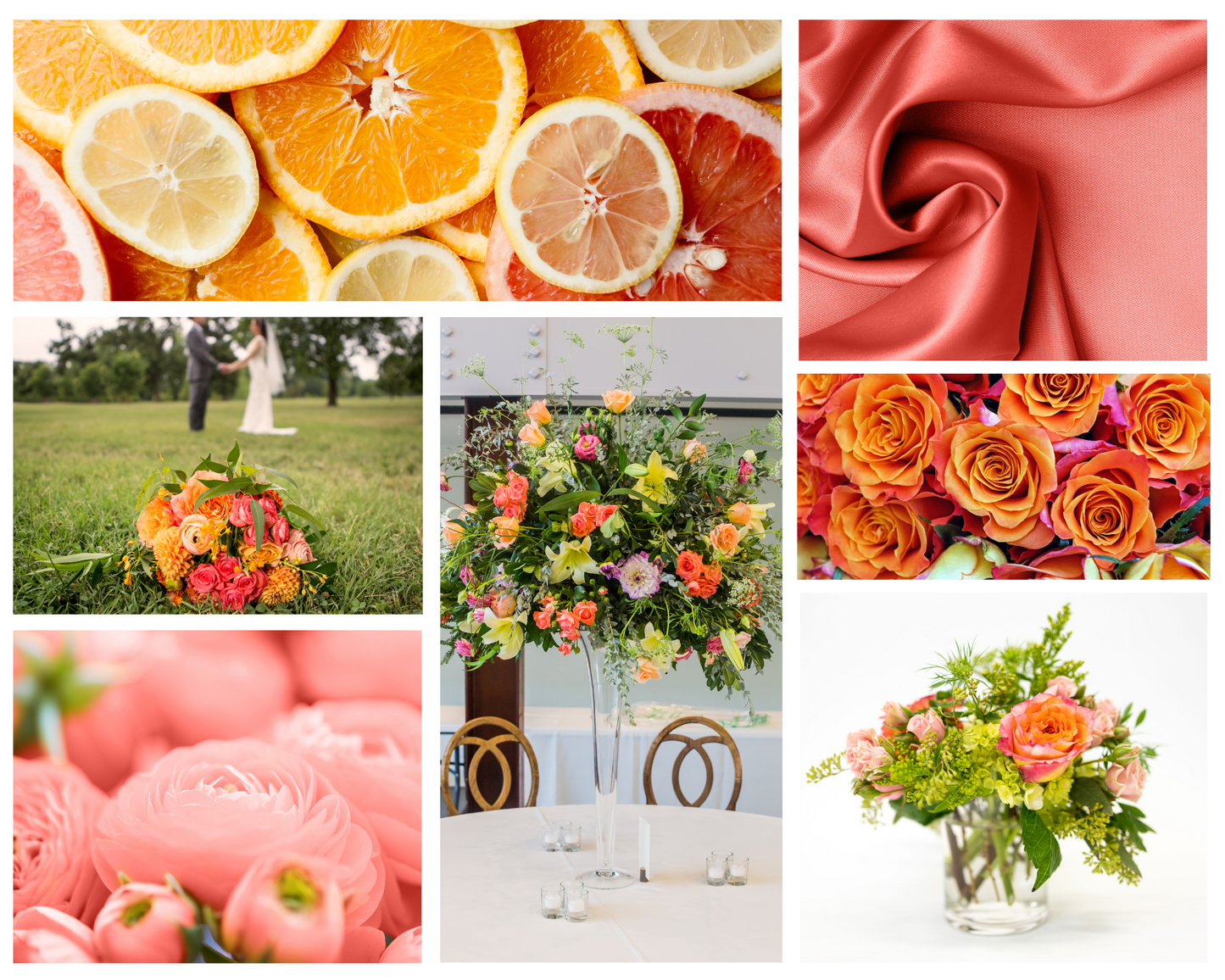Sunkiss Color Palette: orange slices, coral silk scarf, roses wit a pink and orange gradient, coral peonies, and three bouquets of flowers with orange, coral, peach, and lime green flowers