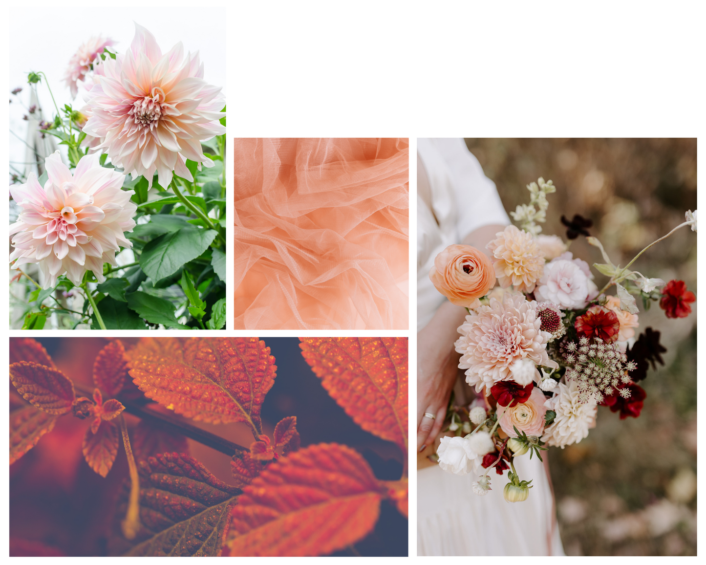 Sunset Color Palette: Autumnal orange leaves, blush pink dahlias, peach tulle, and a bouquet of deep red-oranges, blush pinks, peach, and creamy whites