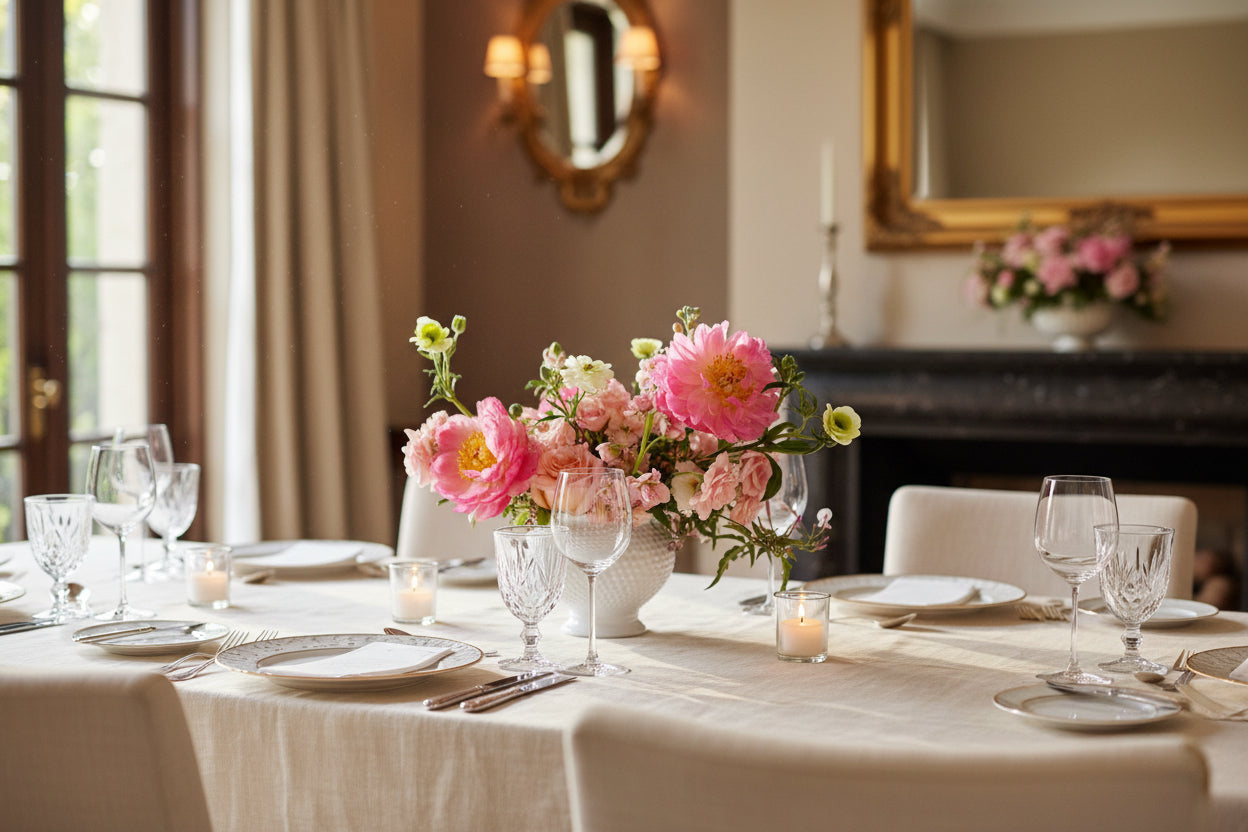 Bouquet of pink, peach, and white flowers in a white vase on a dining table.