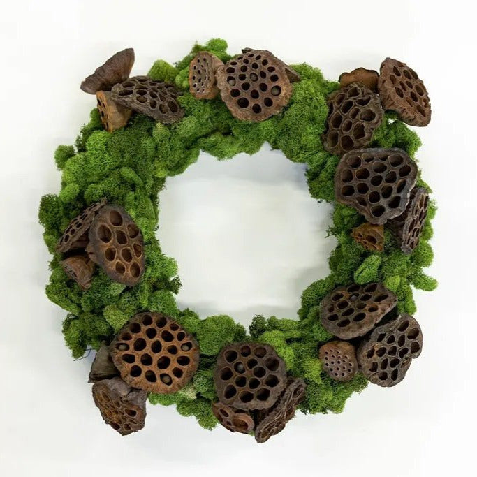 Lotus Pod and Moss Wreath: Moss wreath with brown lotus seed pods